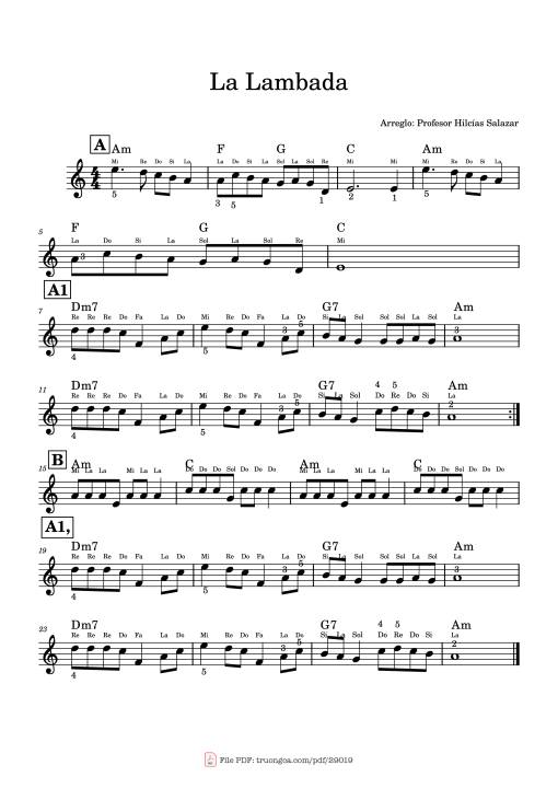 La Lambada Piano (With Note Names)