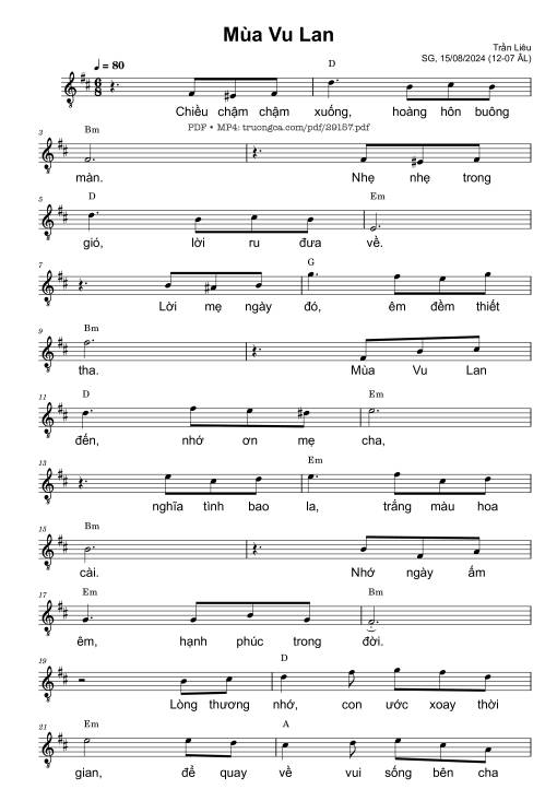 Sheet nhạc PDF bài Mùa Vu Lan - Trần Liêu