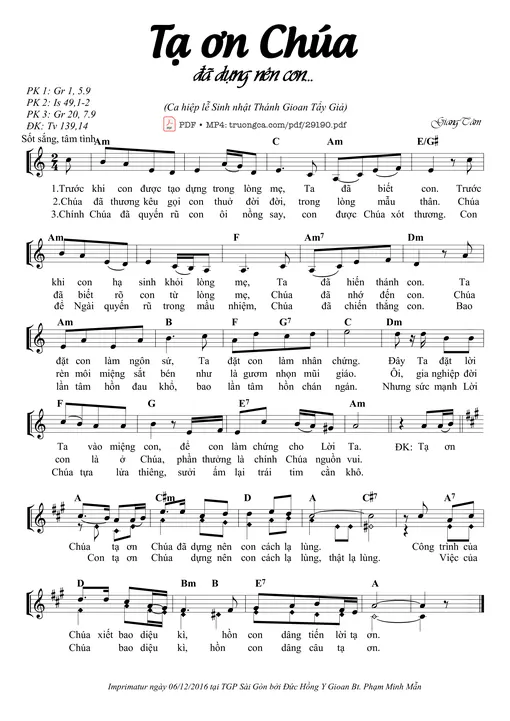 Sheet nhạc PDF bài Tạ Ơn Chúa Đã Dựng Nên Con