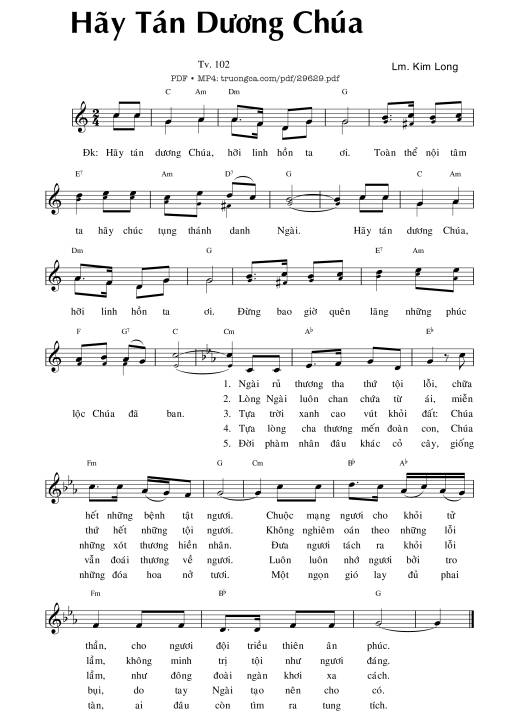 Sheet nhạc PDF bài Thánh Vịnh 102, Hãy Tán Dương Chúa