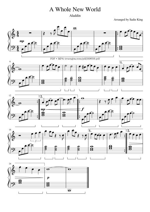 Sheet nhạc PDF bài A Whole New World Piano EASY