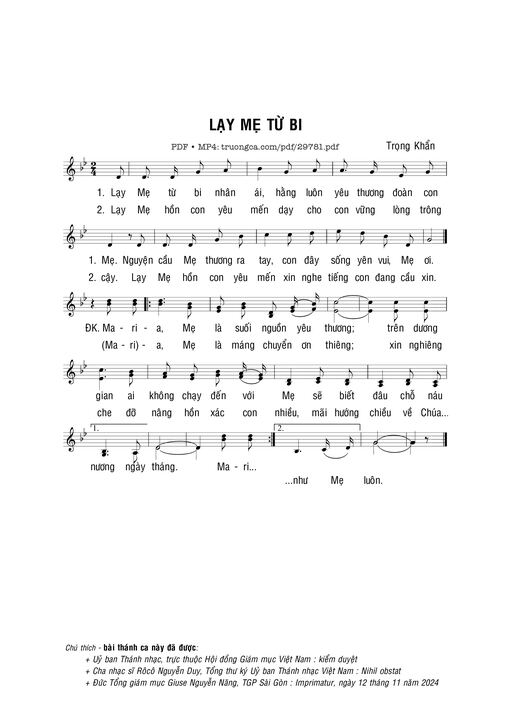 Sheet nhạc PDF bài Lạy Mẹ từ bi