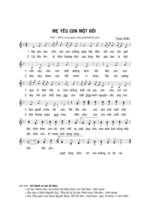Sheet nhạc PDF bài Mẹ yêu con một đời