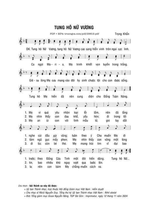 Sheet nhạc PDF bài Tung hô Nữ Vương