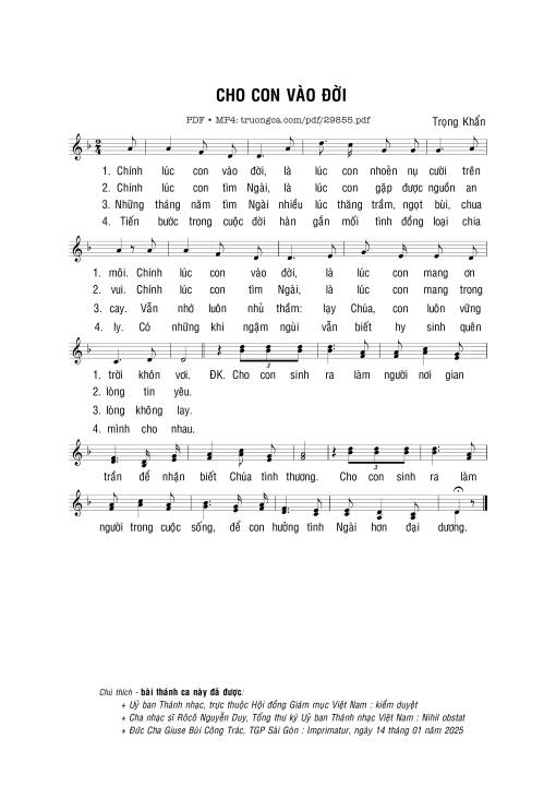 Sheet nhạc PDF bài Cho con vào đời