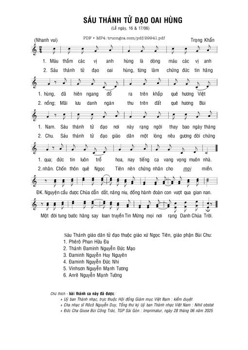 Sáu Thánh Tử đạo oai hùng