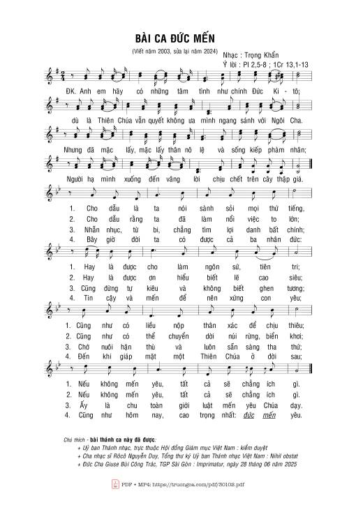 Sheet nhạc PDF bài Bài ca đức mến