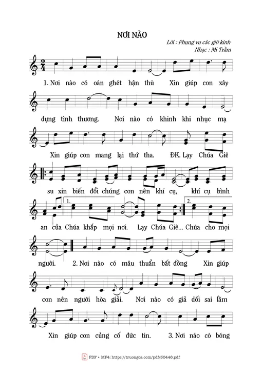 Sheet nhạc PDF bài Nơi Nào - Mi Trầm