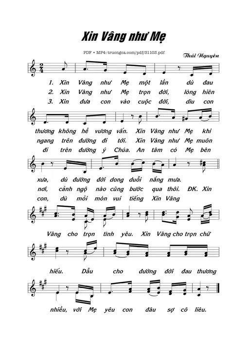Sheet nhạc PDF bài Xin vâng như Mẹ