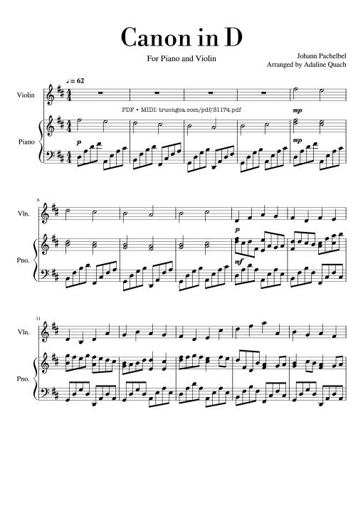 Sheet nhạc PDF bài Canon in D major Piano Violin