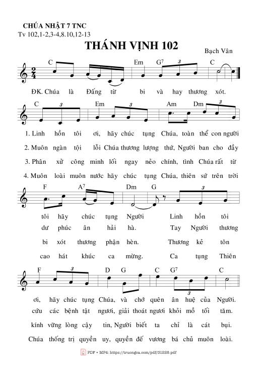 Sheet nhạc PDF bài Thánh Vịnh 102, Chúa Nhật 7C Thường Niên