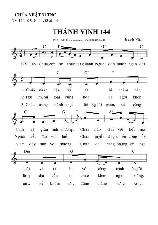 Sheet nhạc PDF bài Thánh Vịnh 144, Chúa Nhật 31C Thường Niên