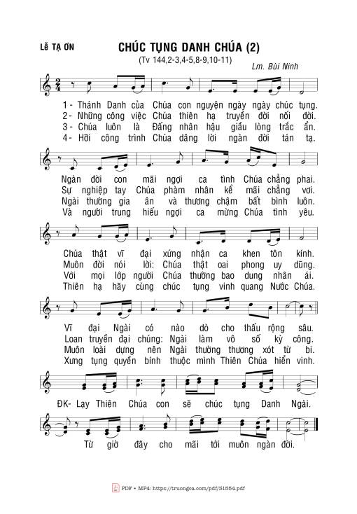 Sheet nhạc PDF bài Thánh Vịnh 144, Chúc Tụng Danh Chúa (2