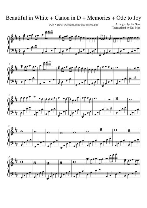 Sheet nhạc PDF bài Beautiful in White + Canon in D + Memories + Ode to Joy Piano