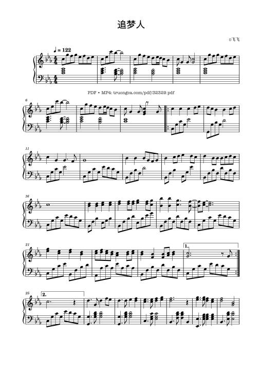 Sheet nhạc PDF bài 追梦人 Truy mộng nhân Piano