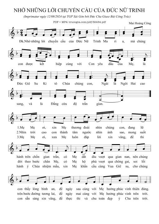 Sheet nhạc PDF bài Nhờ Những Lời Nguyện Cầu Của đức Nữ Trinh