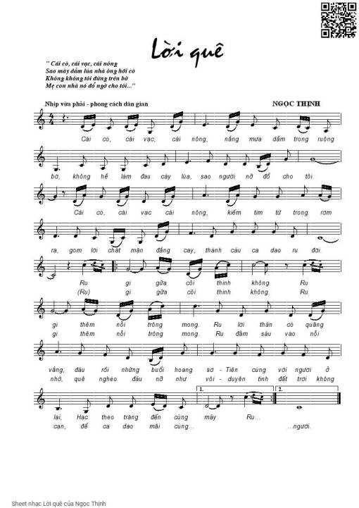 Sheet nhạc PDF bài Lời quê - Ngọc Thịnh