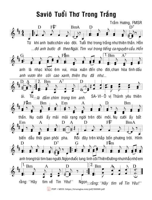 Sheet nhạc PDF bài Savio Tuổi Thơ Trong Trắng