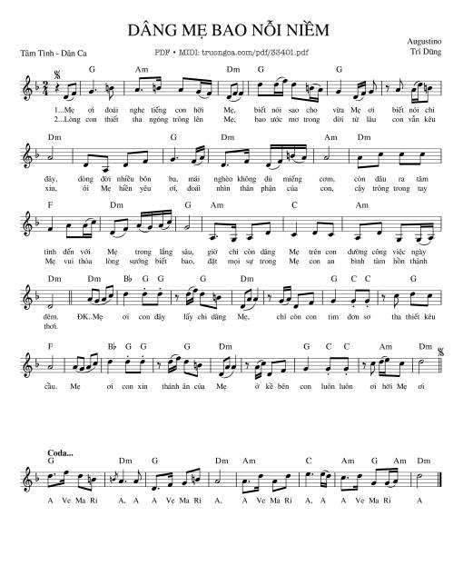 Sheet nhạc PDF bài Dâng Mẹ Bao Nỗi Niềm