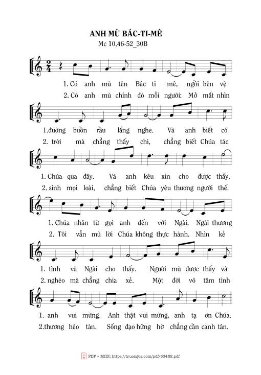 Sheet nhạc PDF bài Anh Mù Bác-Ti-Mê