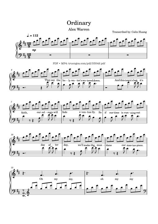 Sheet nhạc PDF bài Ordinary Piano - Transcribed By: Calix Huang