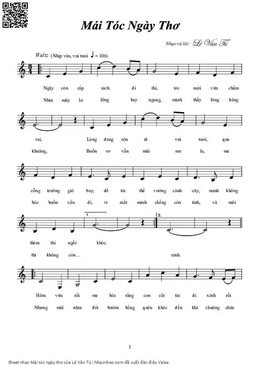 Sheet nhạc PDF bài Mái tóc ngày thơ