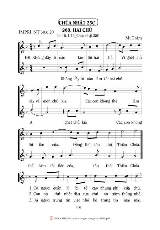 Sheet nhạc PDF bài Hai Chủ - Mi Trầm