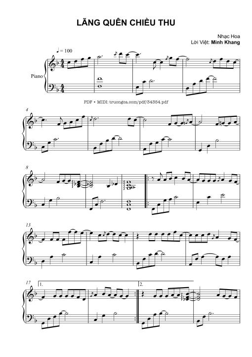 Sheet nhạc PDF bài Lãng quên chiều thu Piano