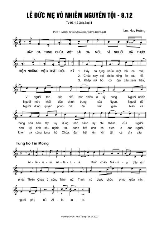 Thánh Vịnh 97, Lễ Đức Mẹ Vô Nhiễm Nguyên Tội 08.12