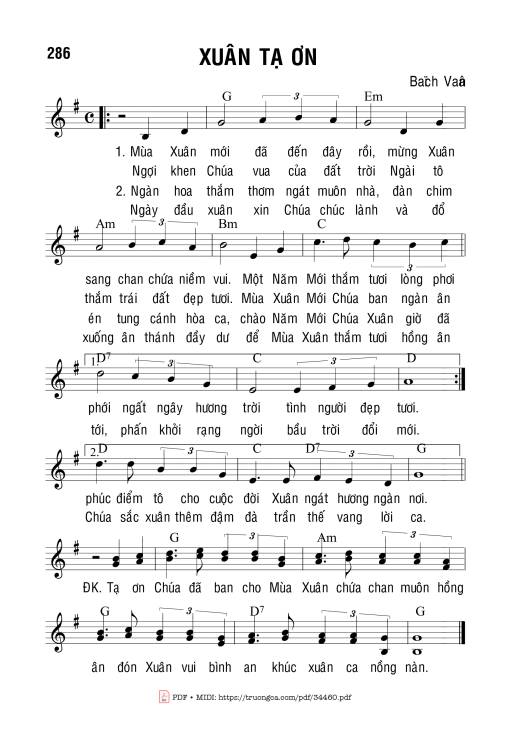 Sheet nhạc PDF bài Xuân Tạ Ơn - Bạch Vân