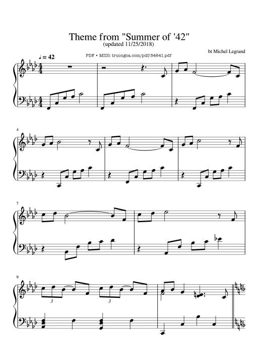 Theme from Summer of '42 Piano