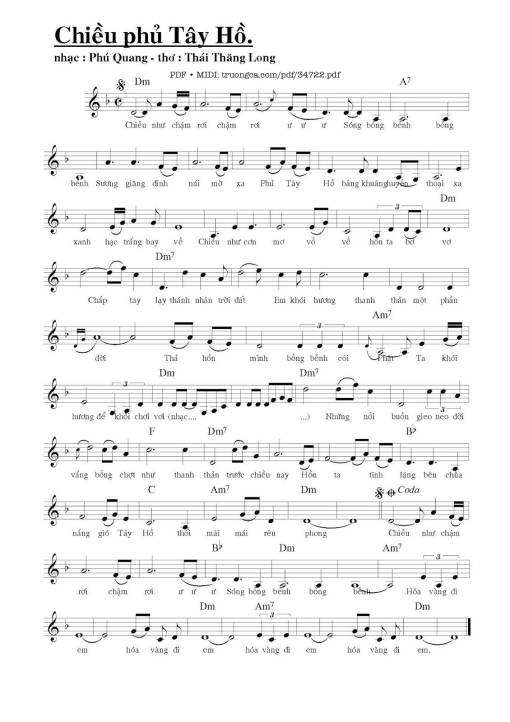 Sheet nhạc PDF bài Chiều Phủ Tây Hồ