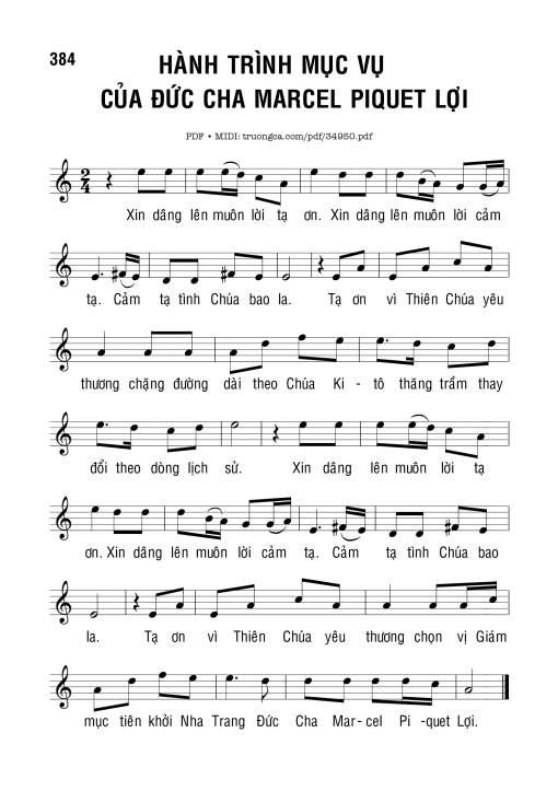 Sheet nhạc PDF bài Hành Trình Mục Vụ Của Đức Cha Marcel Piquet Lợi