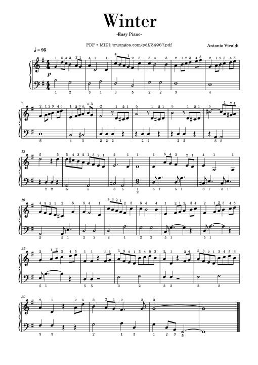 Winter Piano Easy, Vivaldi (With finger number)