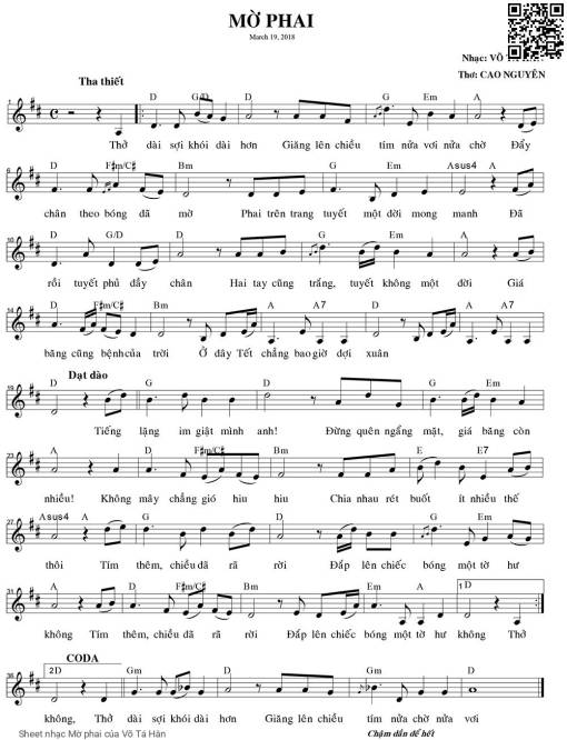 Sheet nhạc PDF bài Mờ phai - Võ Tá Hân