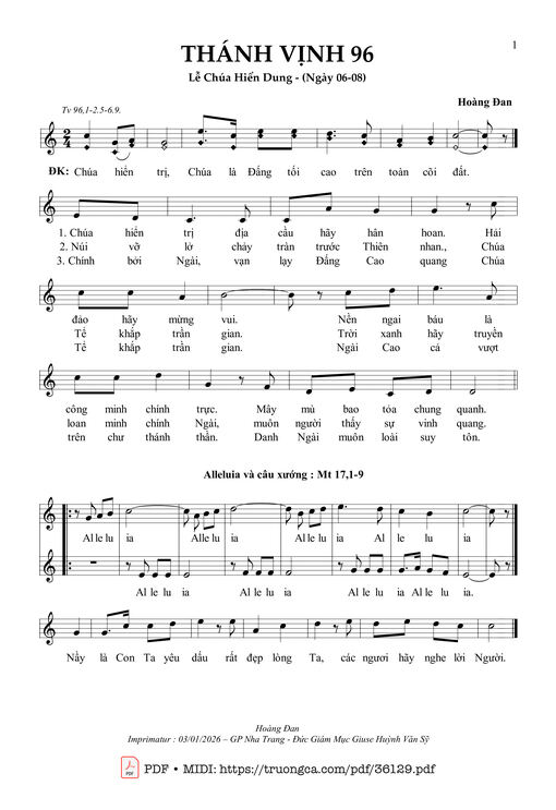 Thánh Vịnh 96 (Lễ Chúa Hiển Dung, Ngày 06/08)