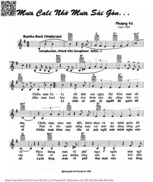 Sheet nhạc PDF bài Mưa Cali nhớ mưa Sài Gòn