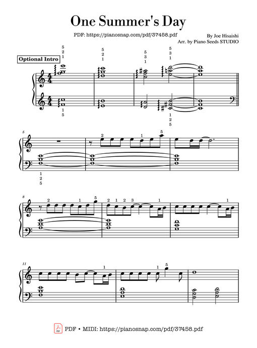 One Summer's Day Piano Sheet EASY