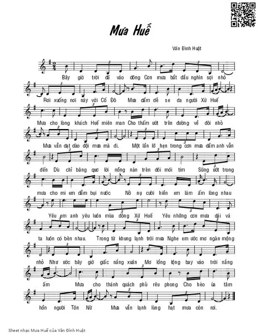 Sheet nhạc PDF bài Mưa Huế - Văn Đình Huật