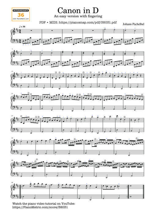 Sheet nhạc PDF bài Canon in D Sheet Piano (An easy version with fingering)