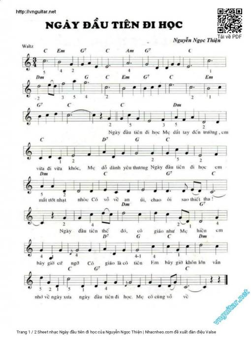 Sheet nhạc PDF bài Ngày đầu tiên đi học