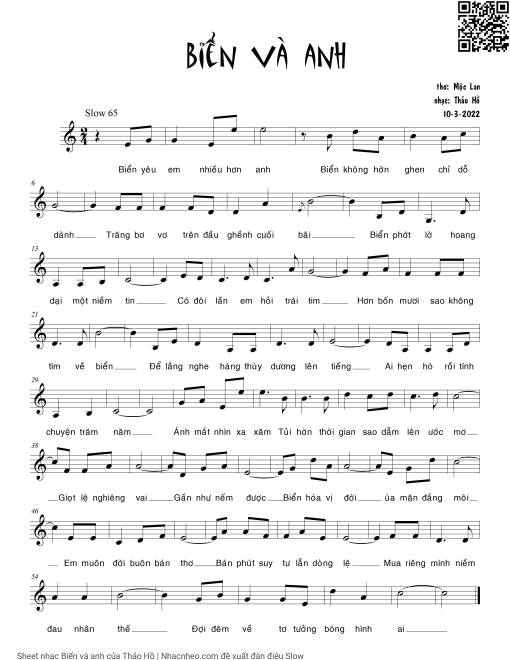 Sheet nhạc PDF bài Biển và anh - Thảo Hồ