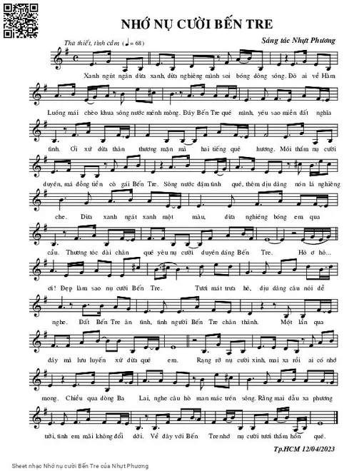 Sheet nhạc PDF bài Nhớ nụ cười Bến Tre