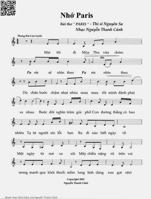 Sheet nhạc PDF bài Nhớ Paris - Nguyễn Thanh Cảnh