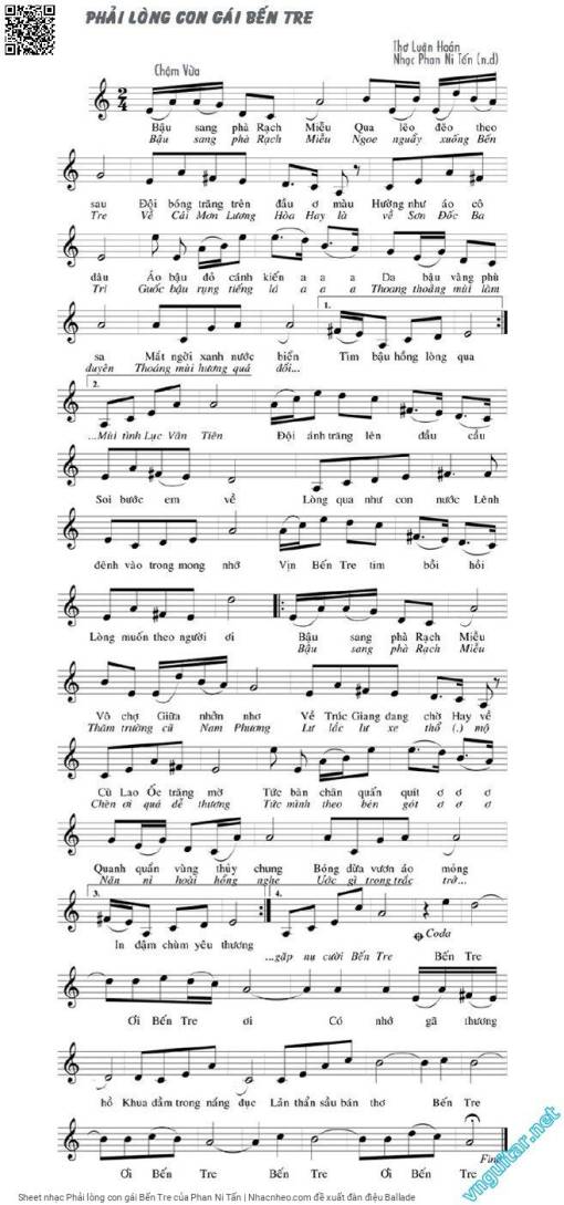Sheet nhạc PDF bài Phải lòng con gái Bến Tre
