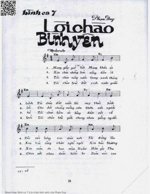 Sheet nhạc PDF bài Bình ca 7 (Lời chào bình yên)