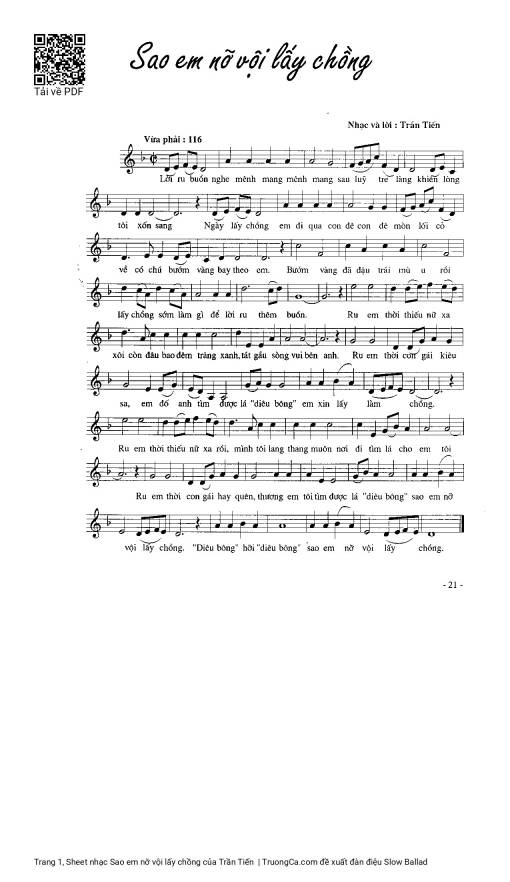 Sheet nhạc PDF bài Sao em nỡ vội lấy chồng