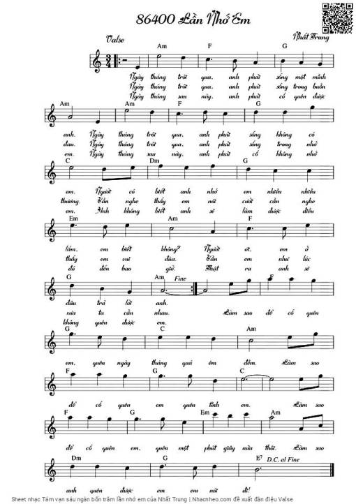 Sheet nhạc PDF bài Tám vạn sáu ngàn bốn trăm lần nhớ em