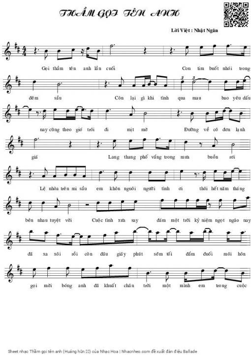 Sheet nhạc PDF bài Thầm gọi tên anh (Huáng hūn 黄昏)
