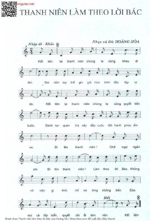 Sheet nhạc PDF bài Thanh niên làm theo lời Bác